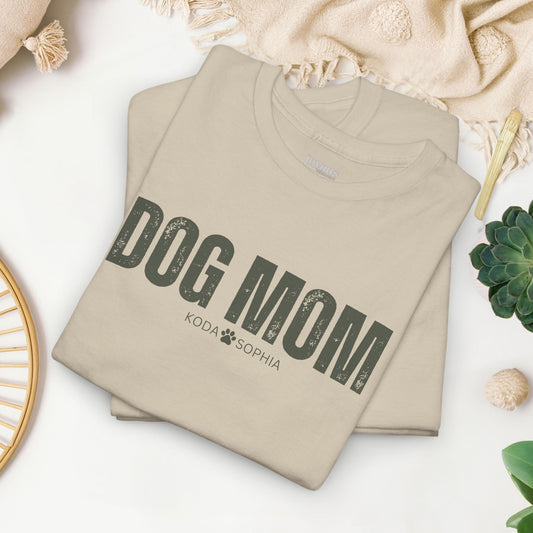 Custom Dog Mom Heavy Cotton Tee with Dogs Name - Personalized Dog Lover Gift