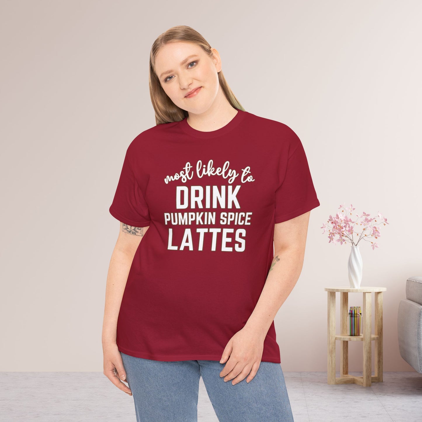 Funny Thanksgiving Shirt - Most Likely to Drink Pumpkin Spice Lattes Heavy Cotton Tee