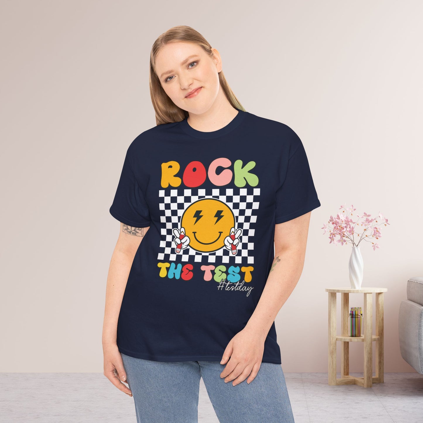 Rock The Test Groovy Teacher Shirt - Back to School Heavy Cotton Tee