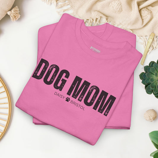 Custom Dog Mom Heavy Cotton Tee with Dogs Name - Personalized Dog Lover Gift