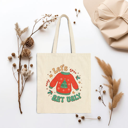 Let's Get Ugly Retro Christmas Canvas Tote Bag - Best Christmas Gift