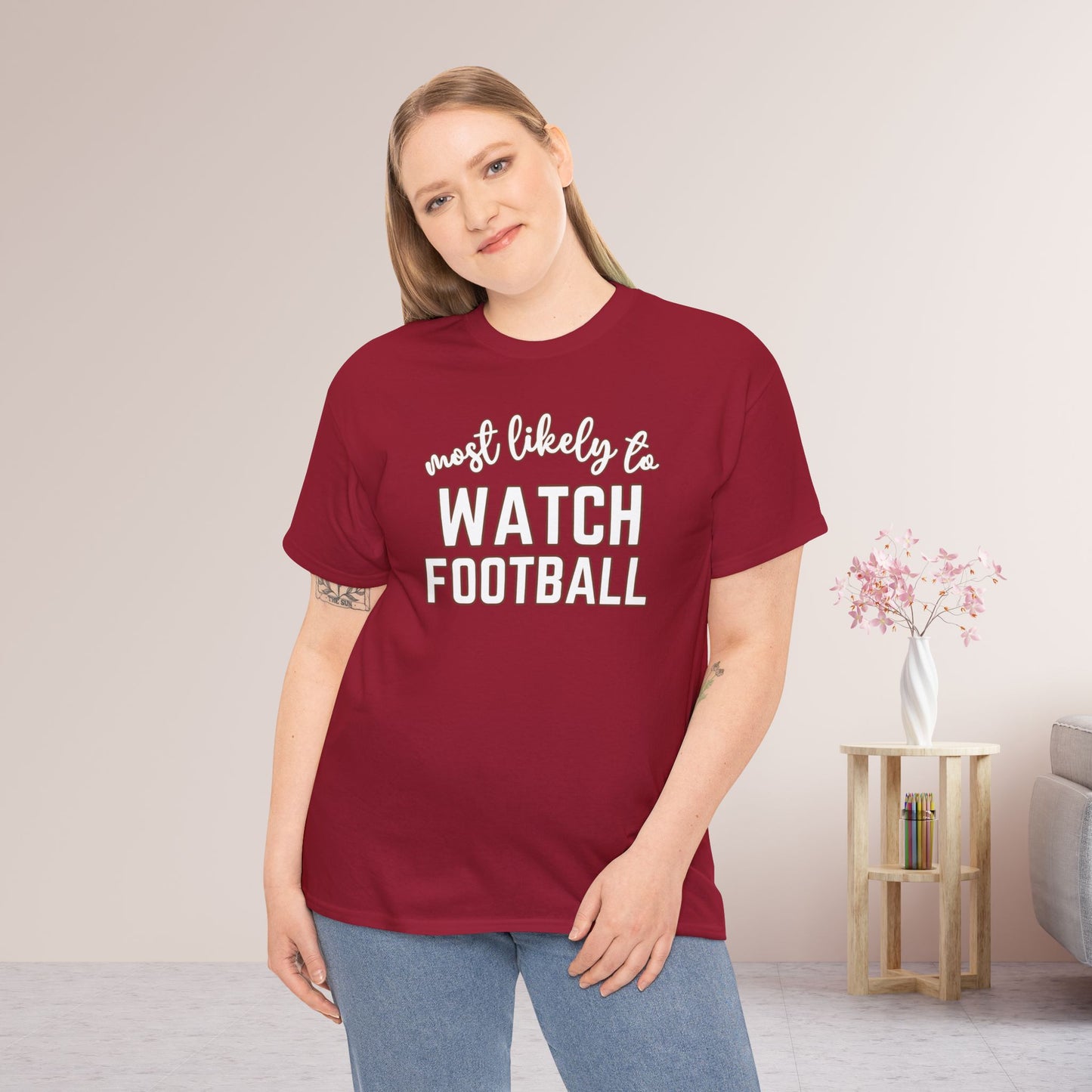 Funny Thanksgiving Shirt - Most Likely To Watch Football Heavy Cotton Tee