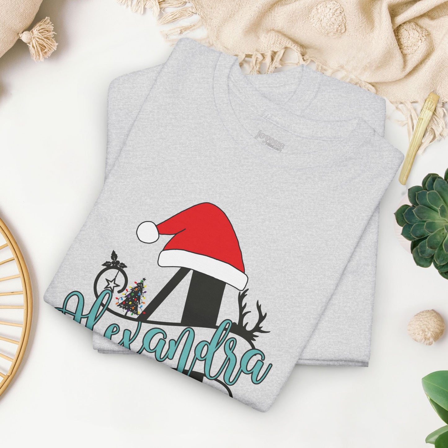 Personalized Christmas Monogram Heavy Cotton Tee with First Name - Custom Christmas Gifts