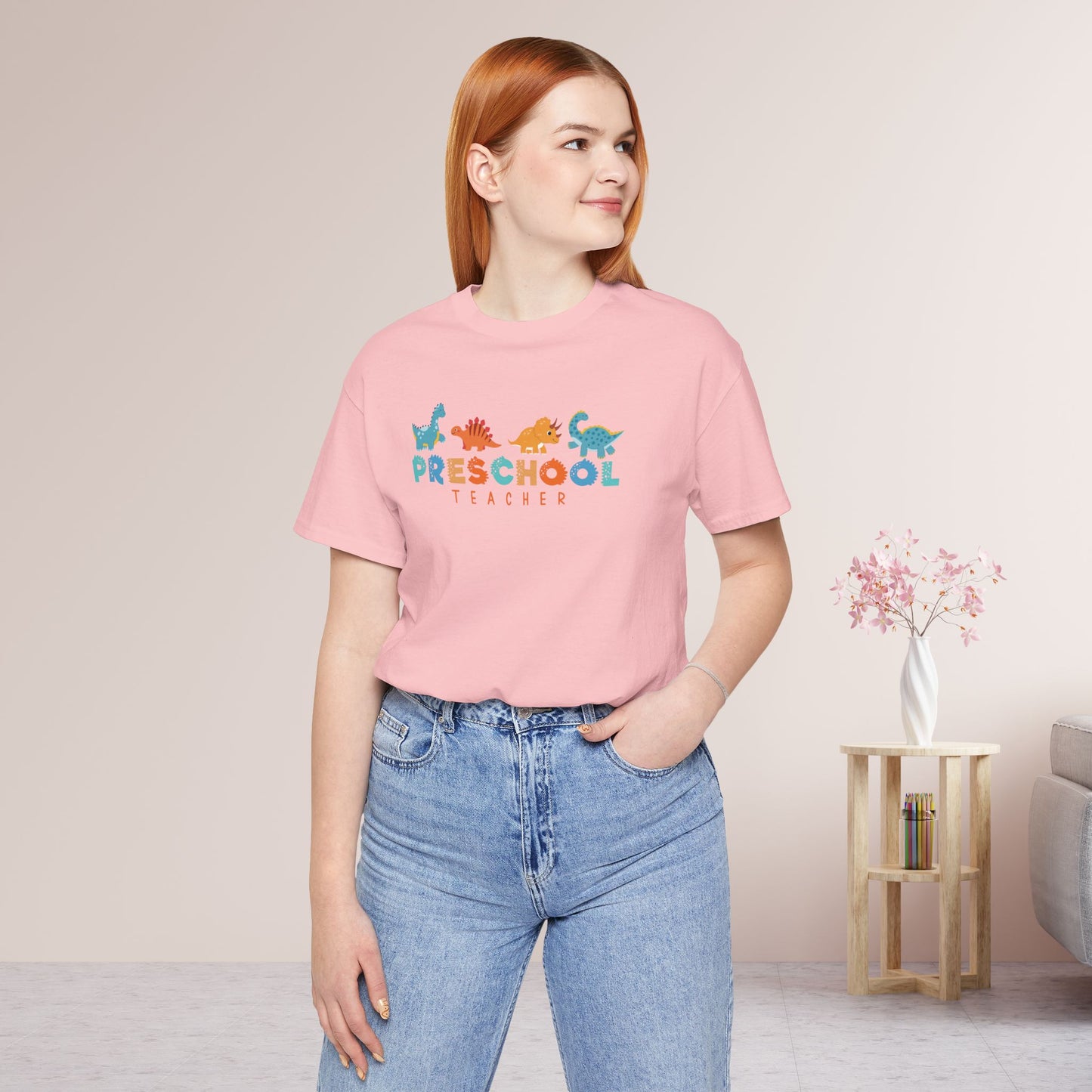 Preschool Teacher Soft Cotton Tee with Cute Dinosaurs