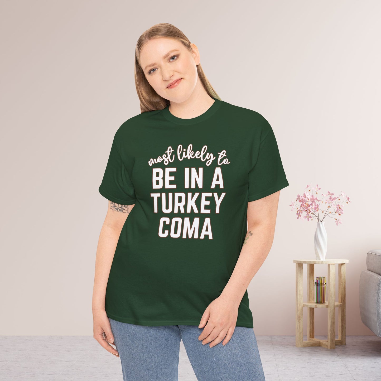 Funny Thanksgiving Shirt - Most Likely to Be in a Turkey Coma Heavy Cotton Tee