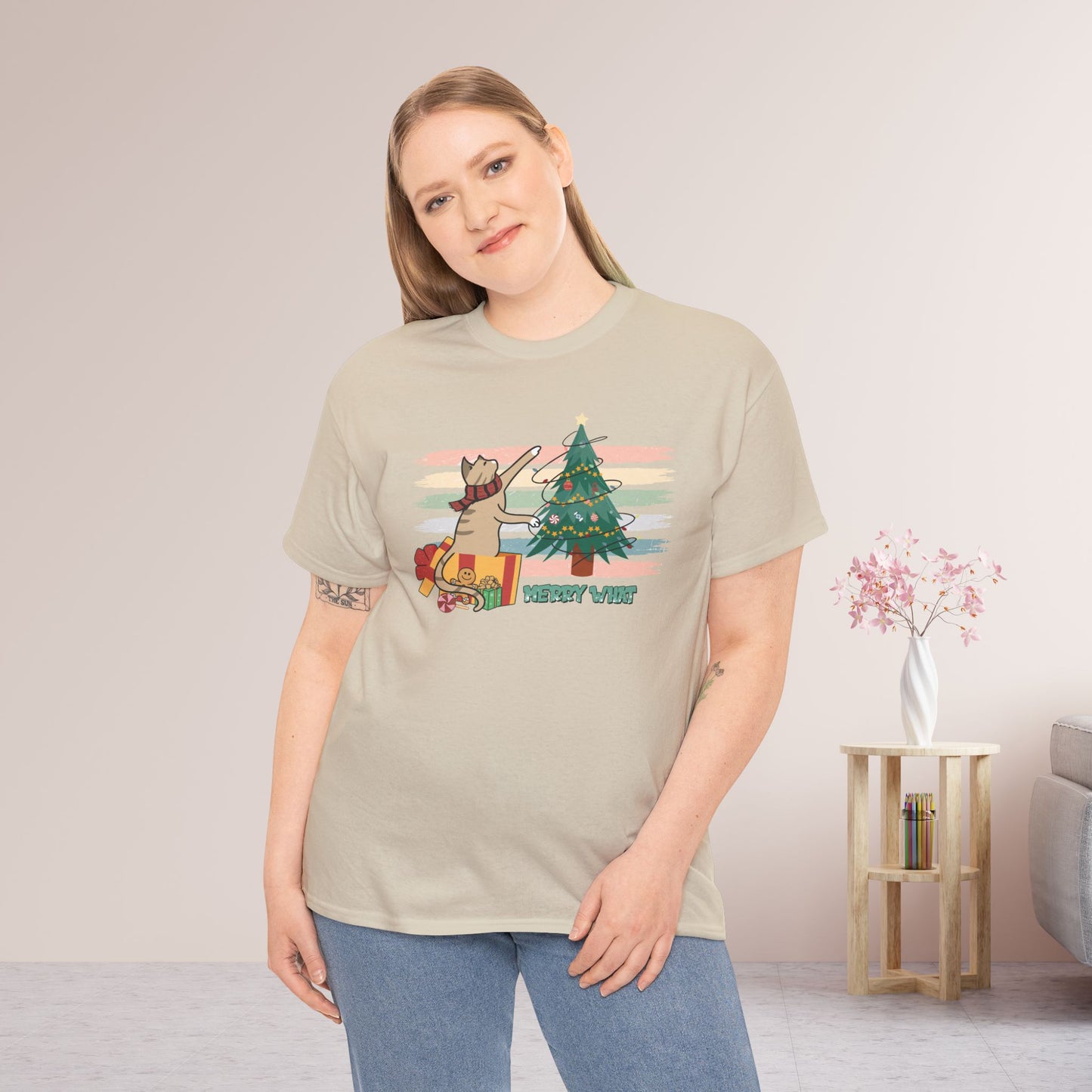 Merry What Funny Cat Christmas Heavy Cotton Tee - Cat Lovers Christmas Gift