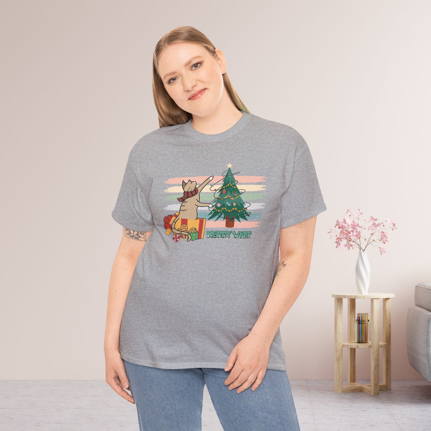 Merry What Funny Cat Christmas Heavy Cotton Tee - Cat Lovers Christmas Gift