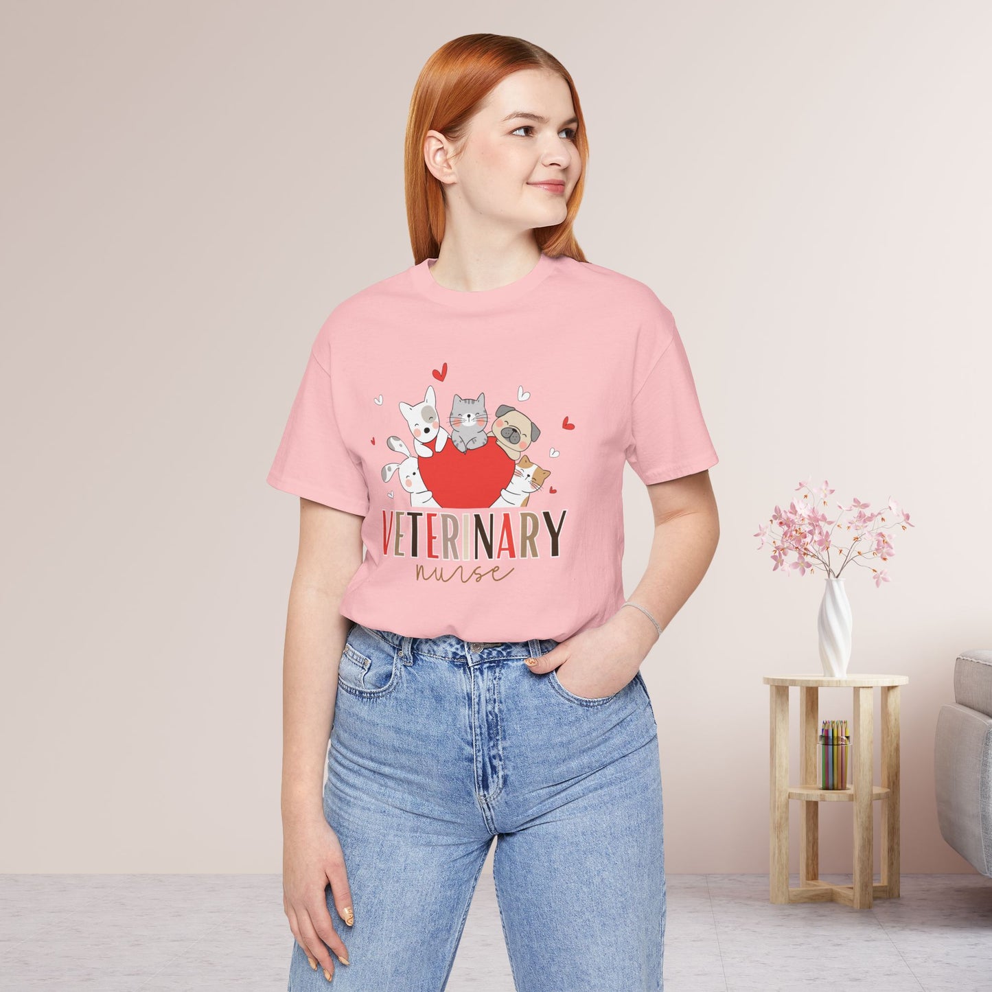 Cute Veterinary Nurse Soft Cotton Tee with Dogs and Cats for VET Nurse