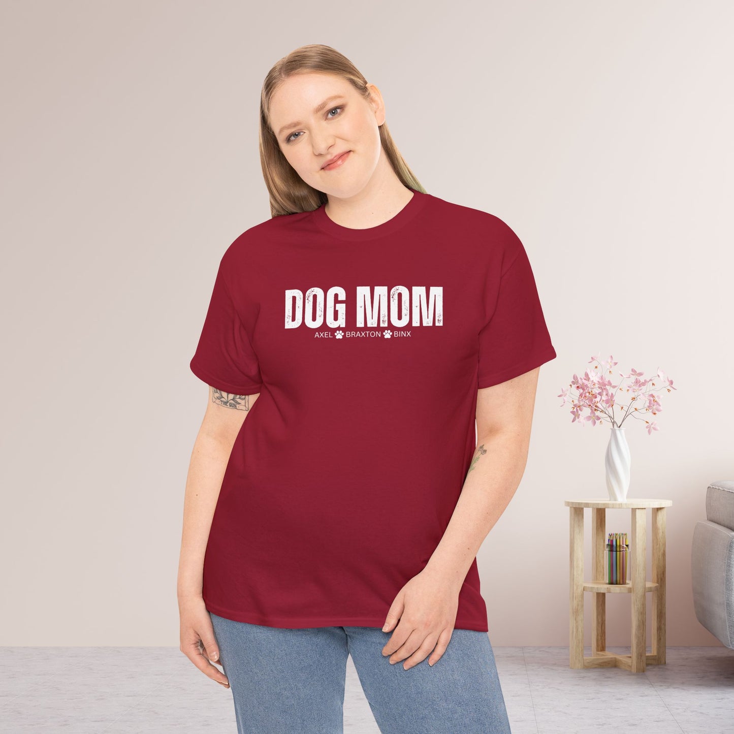 Custom Dog Mom Heavy Cotton Tee with Dogs Name - Personalized Dog Lover Gift