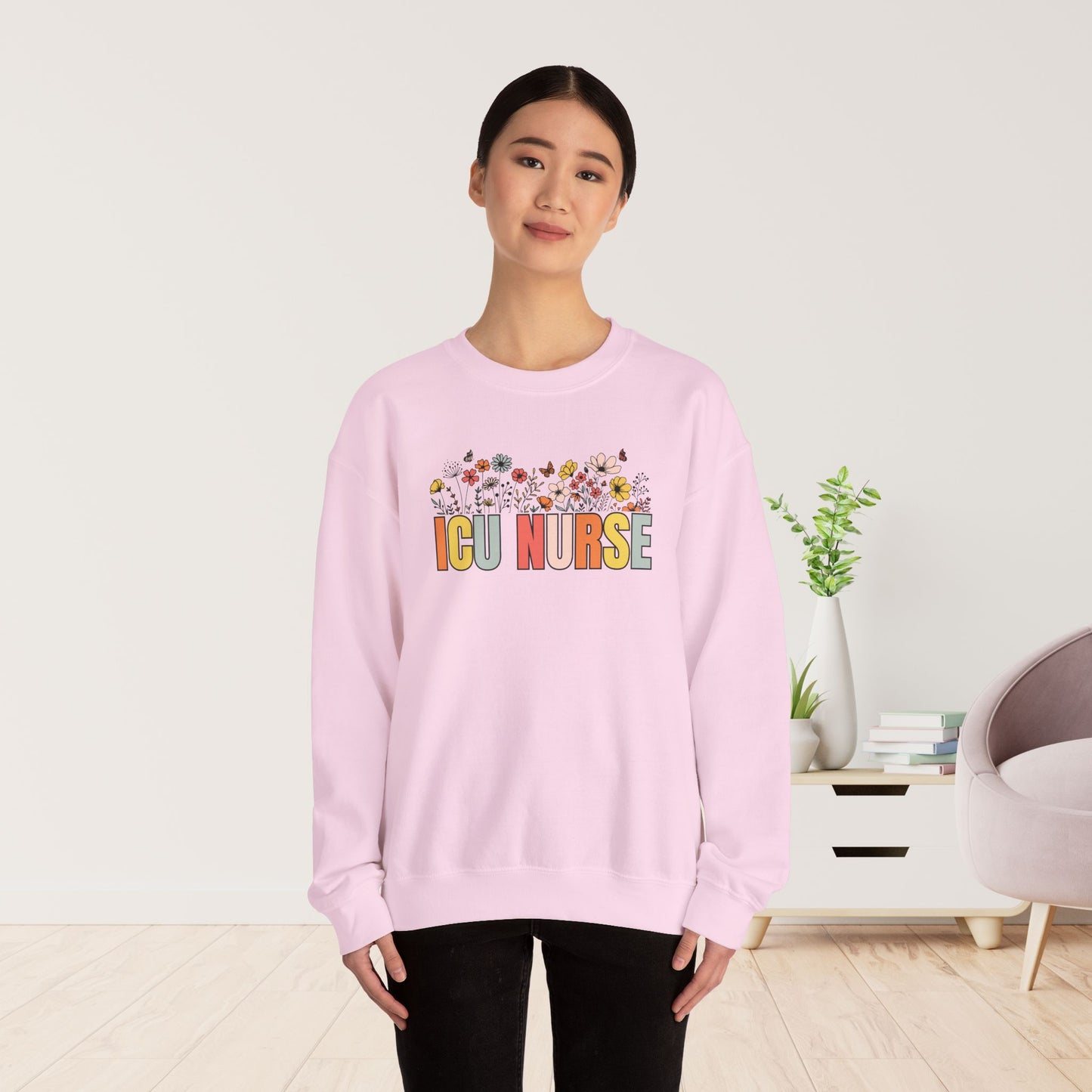 Spring ICU Nurse Sweatshirt with Flowers for Intensive Care Nurse