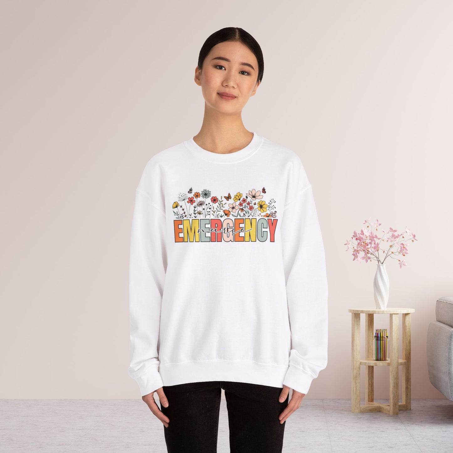 Emergency Nurse Sweatshirt with Spring Flowers for ER Nurse