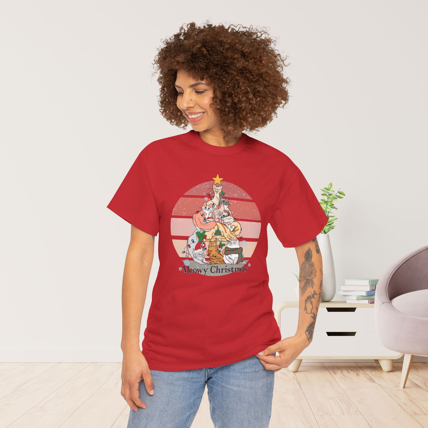 Meowy Christmas Funny Cat Christmas Heavy Cotton Tee - Cat Lovers Christmas Gift