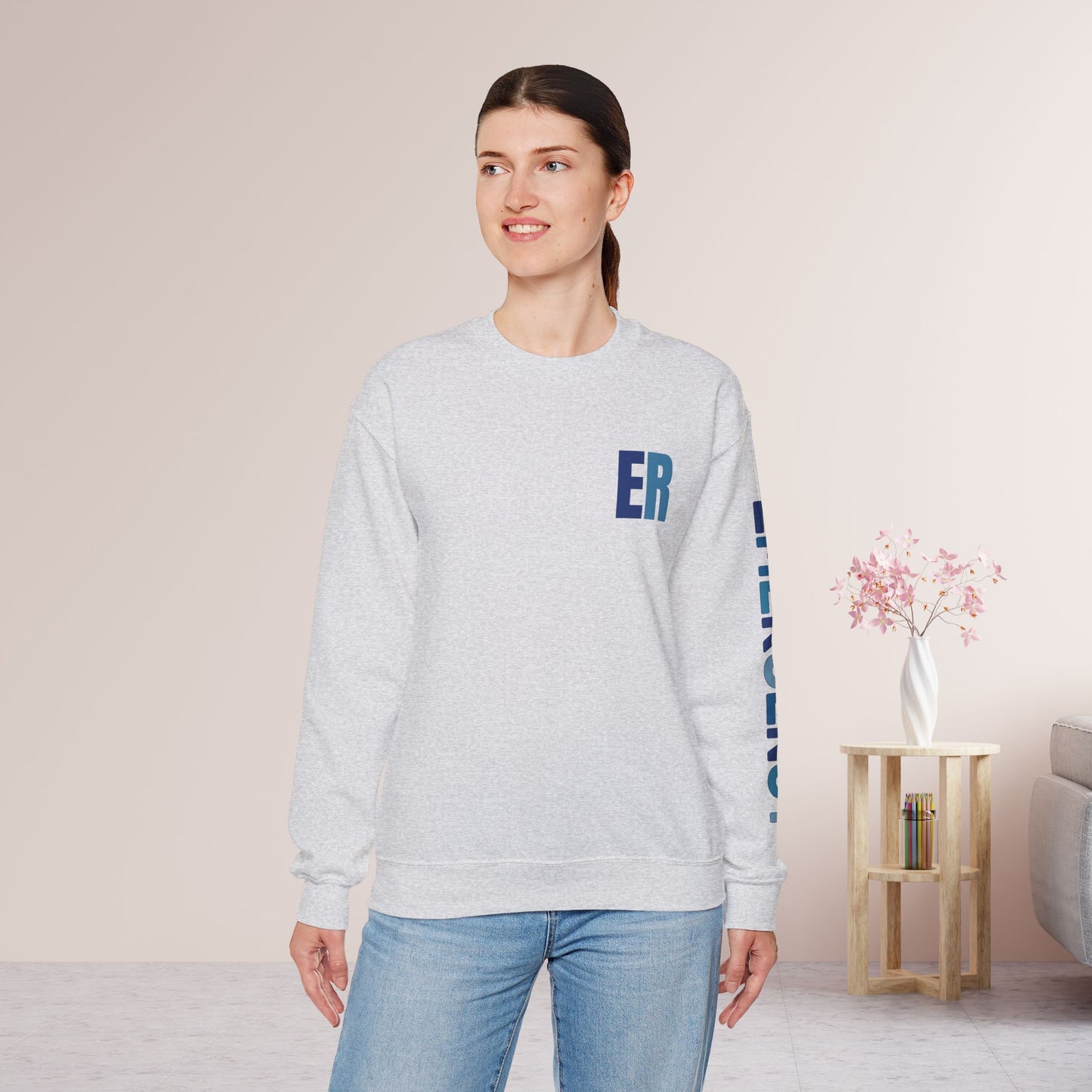 Trendy Blue ER Sweatshirt with Sleeve Print - Emergency Room Crewneck