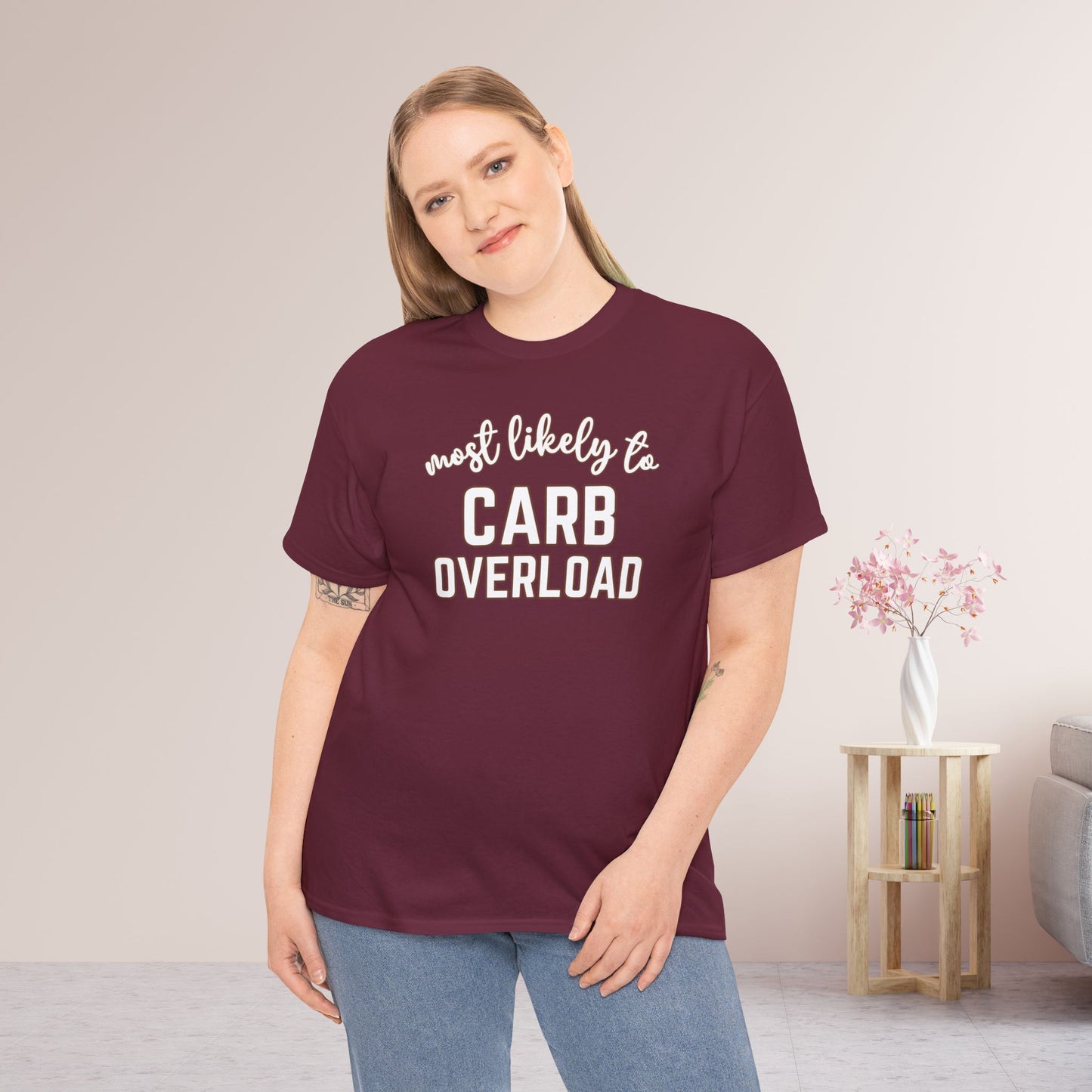 Funny Thanksgiving Shirt - Most Likely to Carb Overload Heavy Cotton Tee