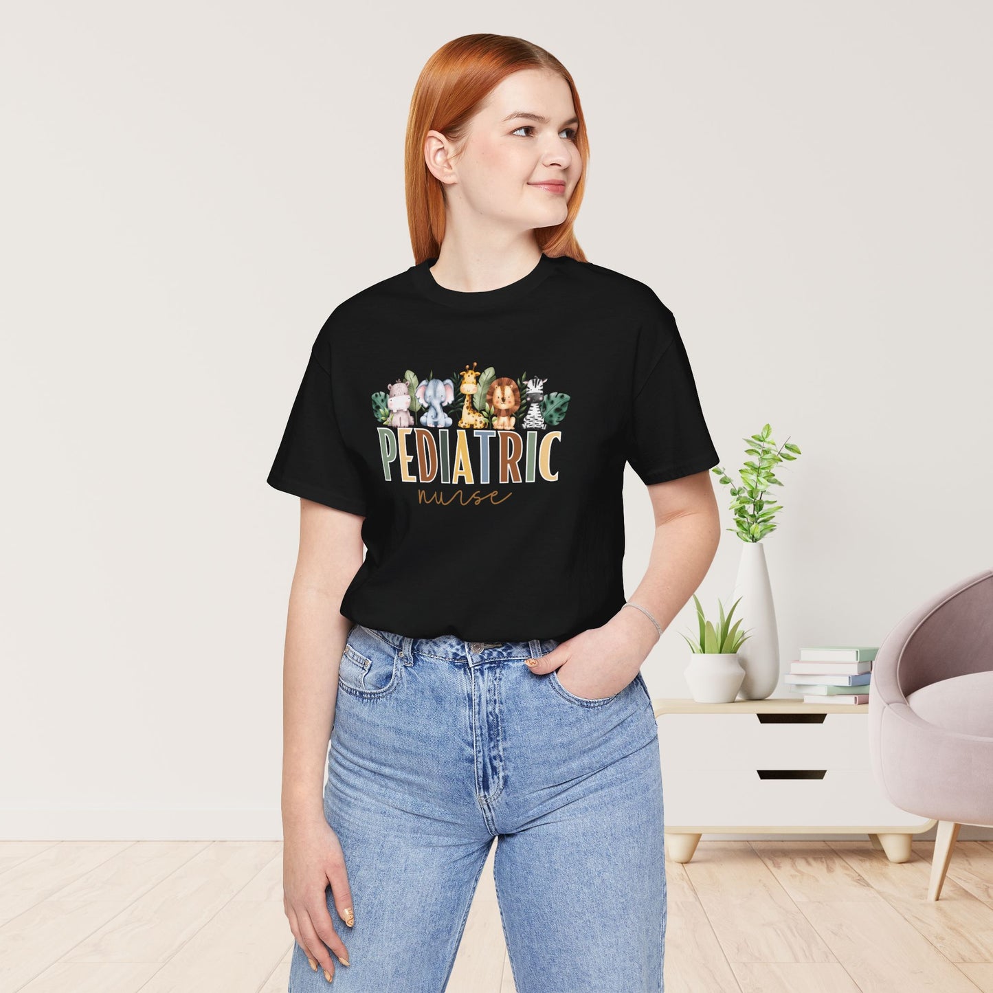 Pediatric Nurse Soft Cotton Tee with Cute Safari Animals for PEDS Nurse