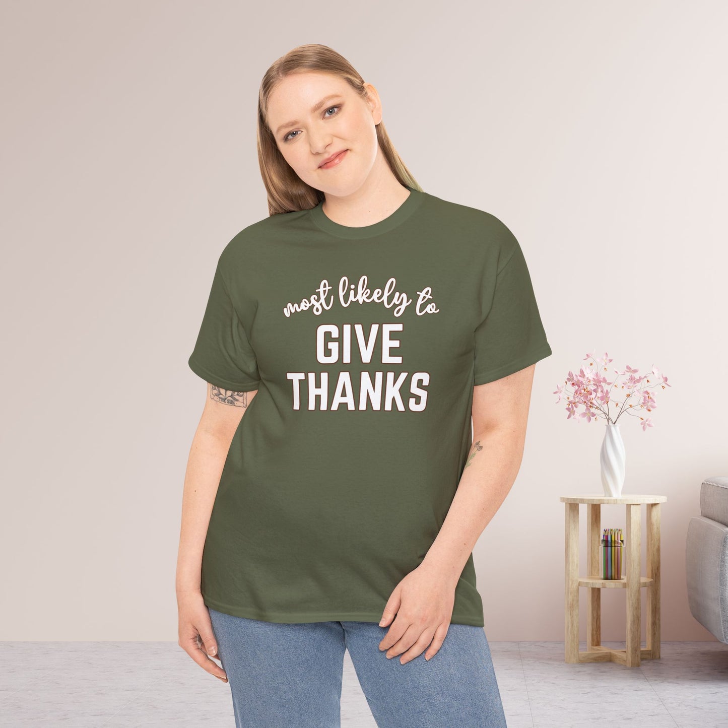 Funny Thanksgiving Shirt - Most Likely To Give Thanks Heavy Cotton Tee