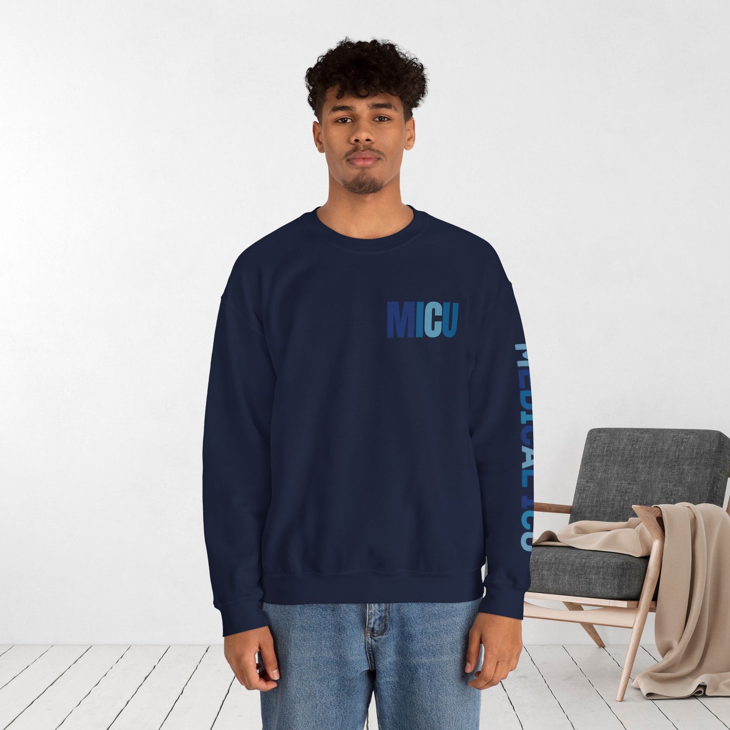 Trendy Blue MICU Sweatshirt with Sleeve Print - Medical ICU Crewneck