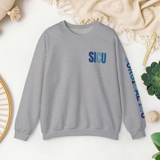 Trendy Blue SICU Sweatshirt with Sleeve Print - Surgical ICU Crewneck