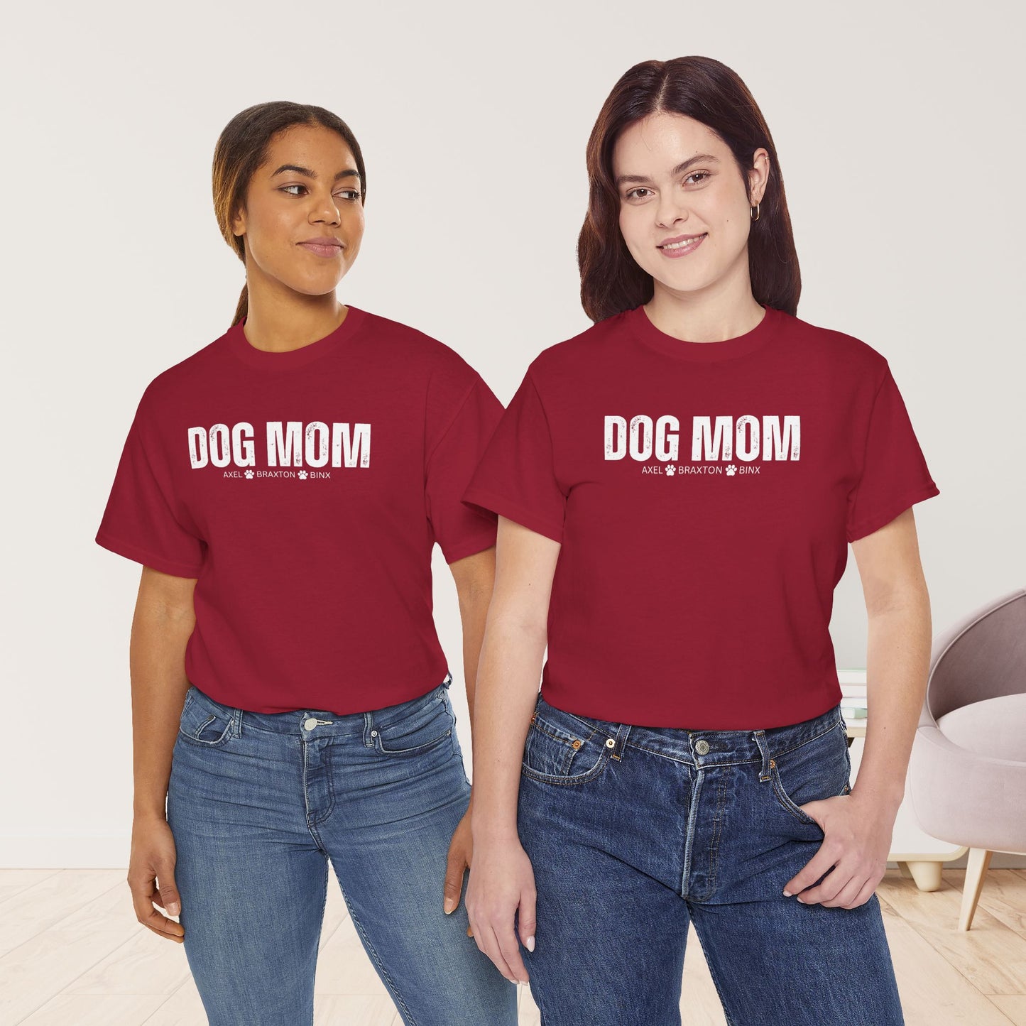 Custom Dog Mom Heavy Cotton Tee with Dogs Name - Personalized Dog Lover Gift