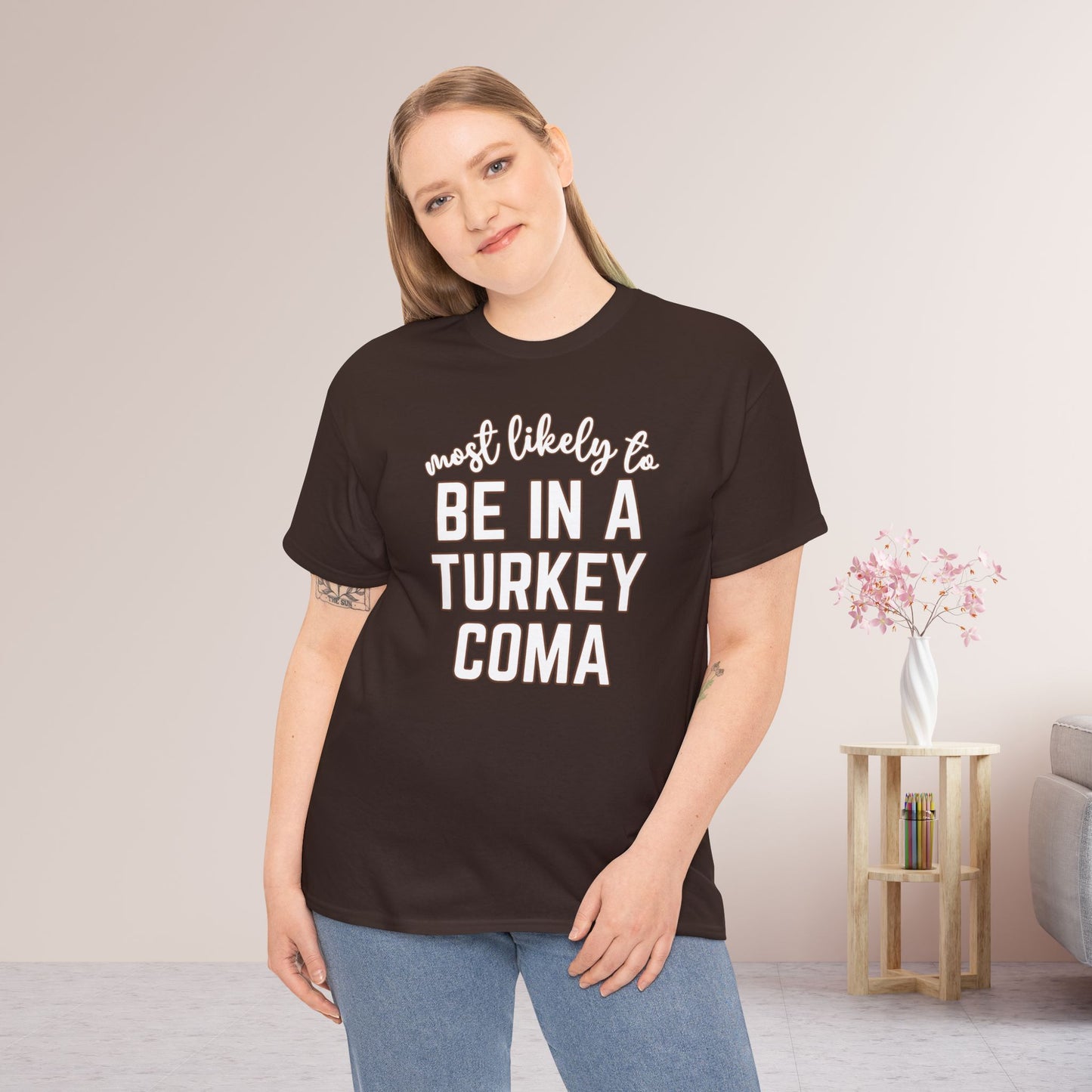 Funny Thanksgiving Shirt - Most Likely to Be in a Turkey Coma Heavy Cotton Tee