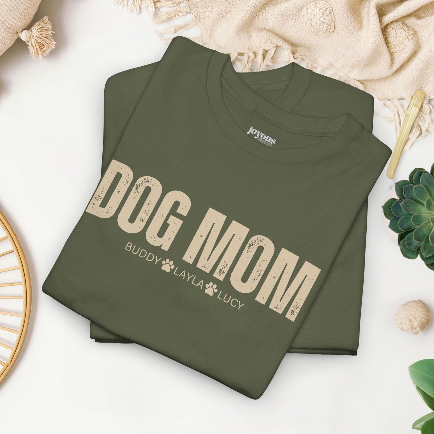 Custom Dog Mom Heavy Cotton Tee with Dogs Name - Personalized Dog Lover Gift