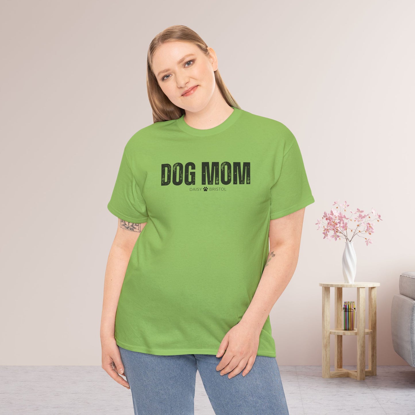 Custom Dog Mom Heavy Cotton Tee with Dogs Name - Personalized Dog Lover Gift