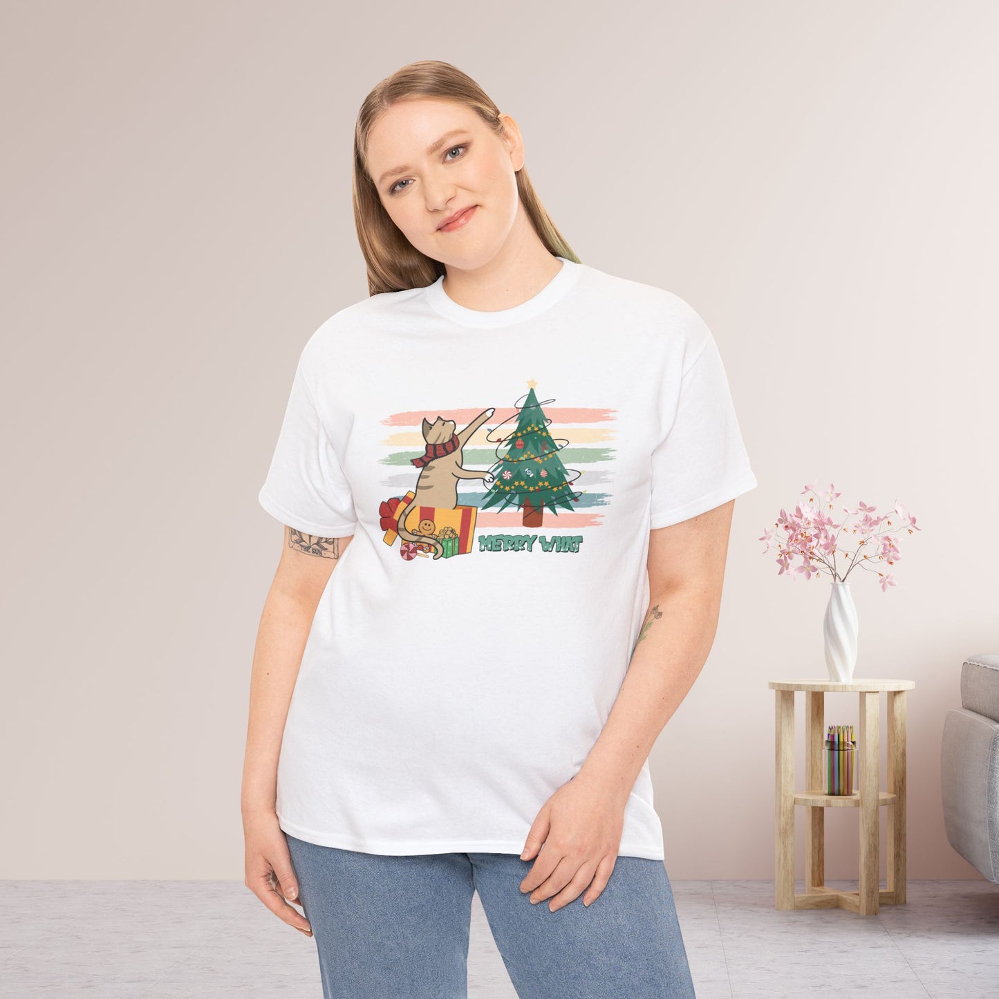 Merry What Funny Cat Christmas Heavy Cotton Tee - Cat Lovers Christmas Gift