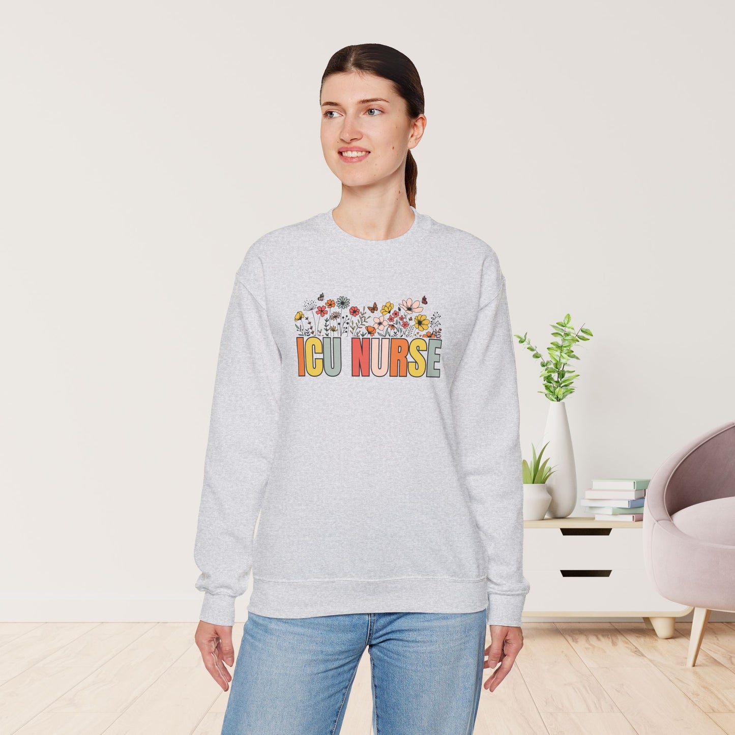 Spring ICU Nurse Sweatshirt with Flowers for Intensive Care Nurse