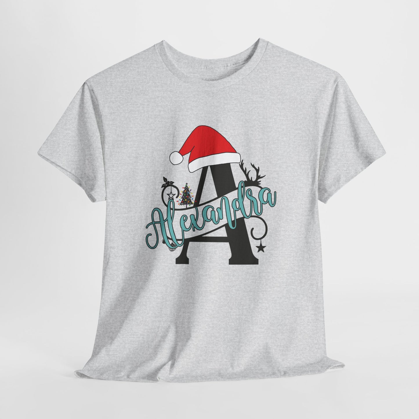 Personalized Christmas Monogram Heavy Cotton Tee with First Name - Custom Christmas Gifts