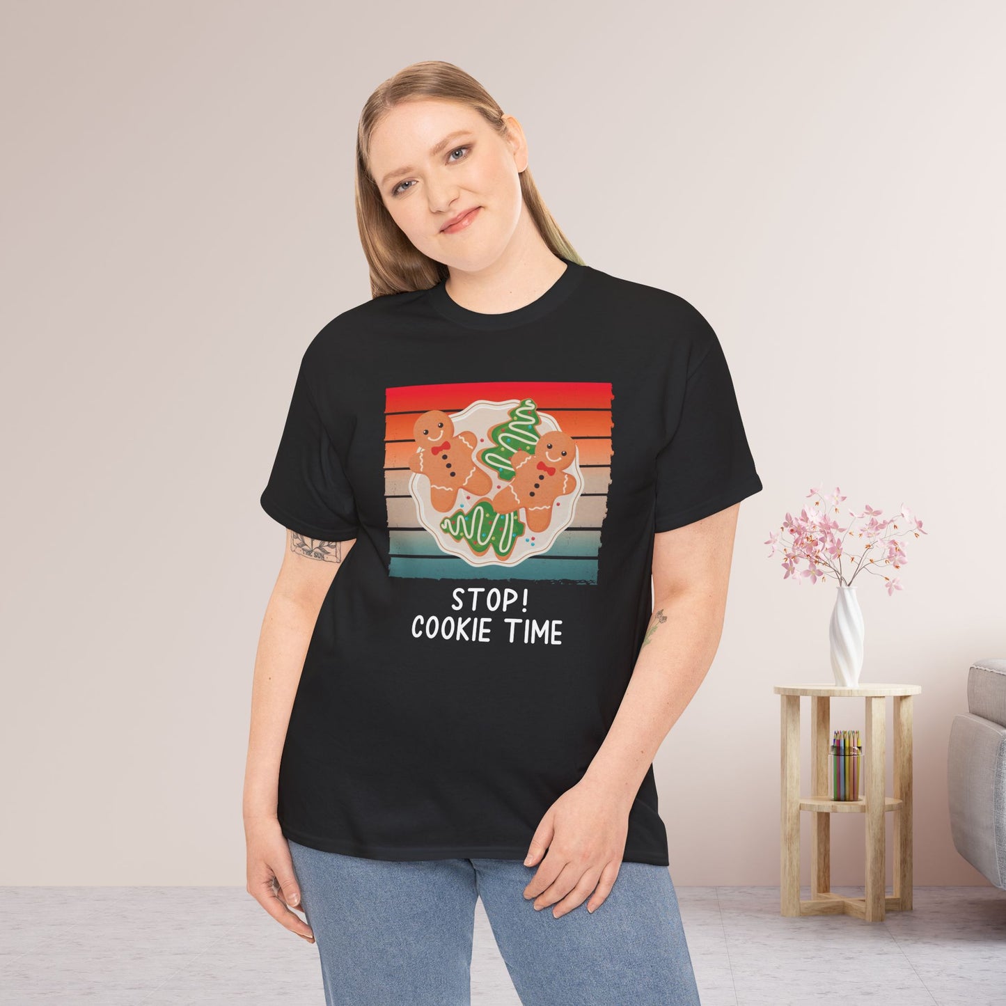 Stop! Cookie Time Funny Christmas Shirt - Matching Family Christmas Heavy Cotton Tee