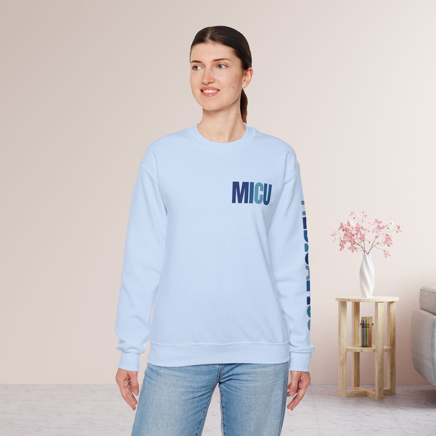 Trendy Blue MICU Sweatshirt with Sleeve Print - Medical ICU Crewneck