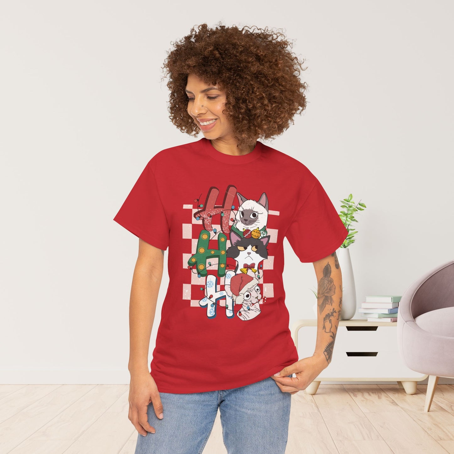 Ho Ho Ho Funny Cat Christmas Heavy Cotton Tee - Cat Lovers Christmas Gift