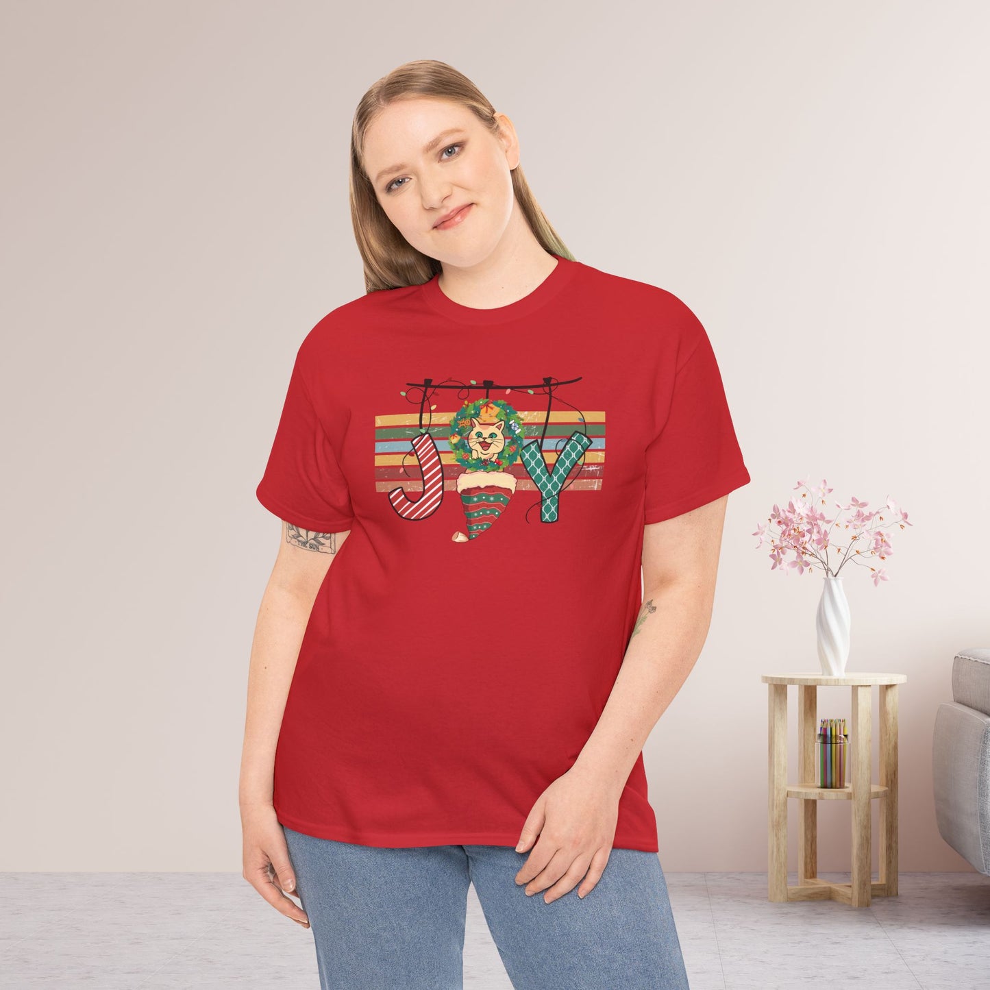 Joy Funny Cat Christmas Heavy Cotton Tee - Cat Lovers Christmas Gift