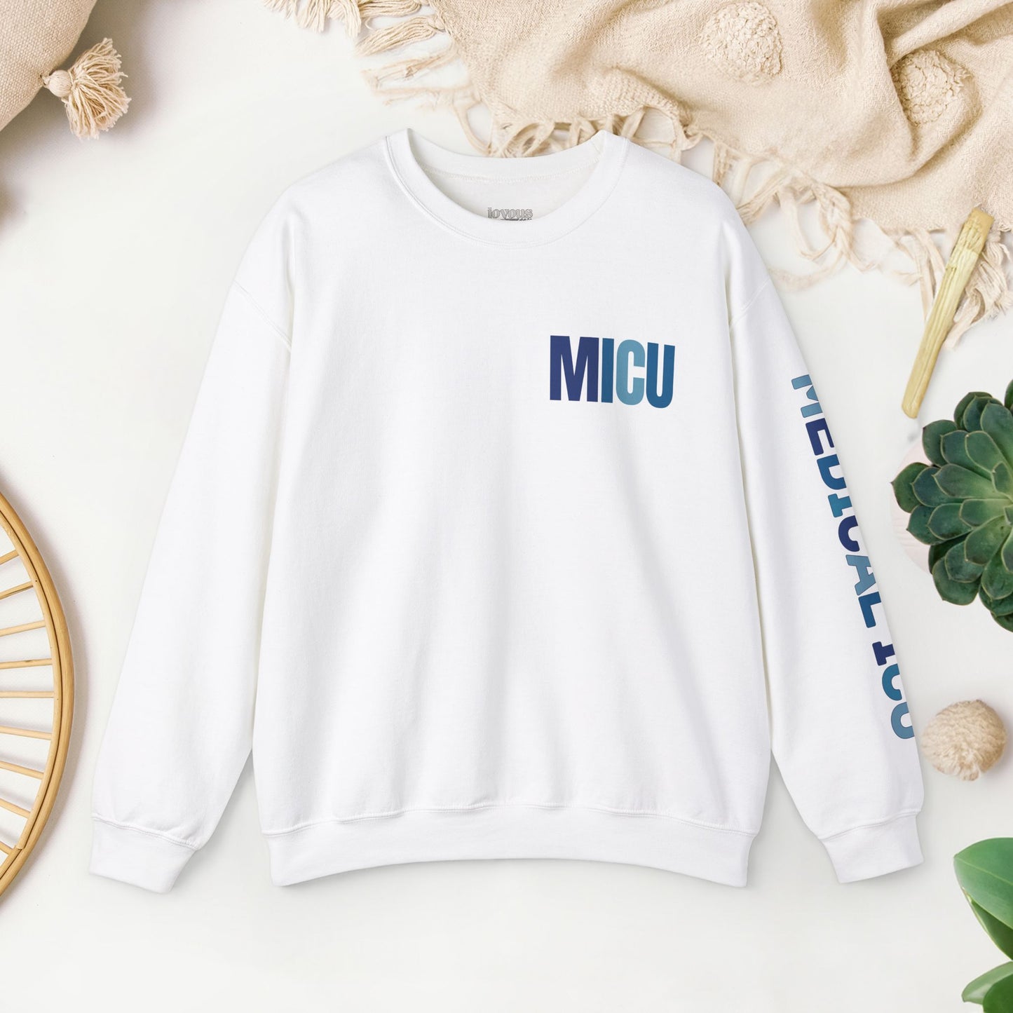 Trendy Blue MICU Sweatshirt with Sleeve Print - Medical ICU Crewneck