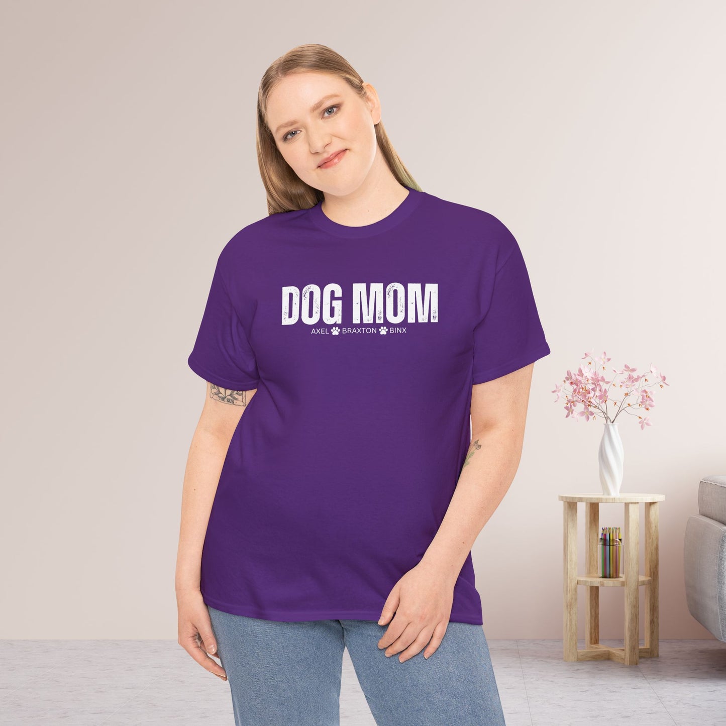 Custom Dog Mom Heavy Cotton Tee with Dogs Name - Personalized Dog Lover Gift