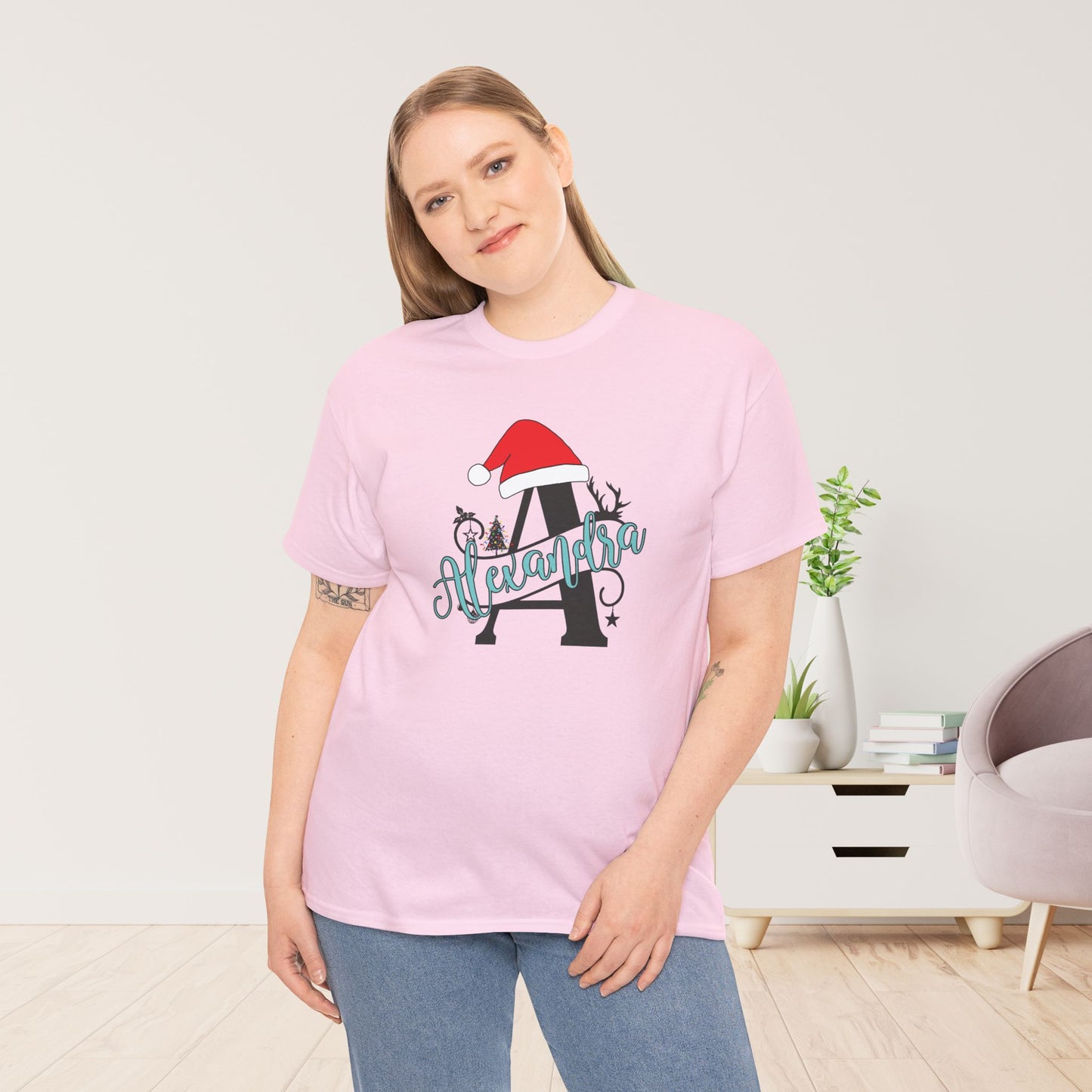 Personalized Christmas Monogram Heavy Cotton Tee with First Name - Custom Christmas Gifts