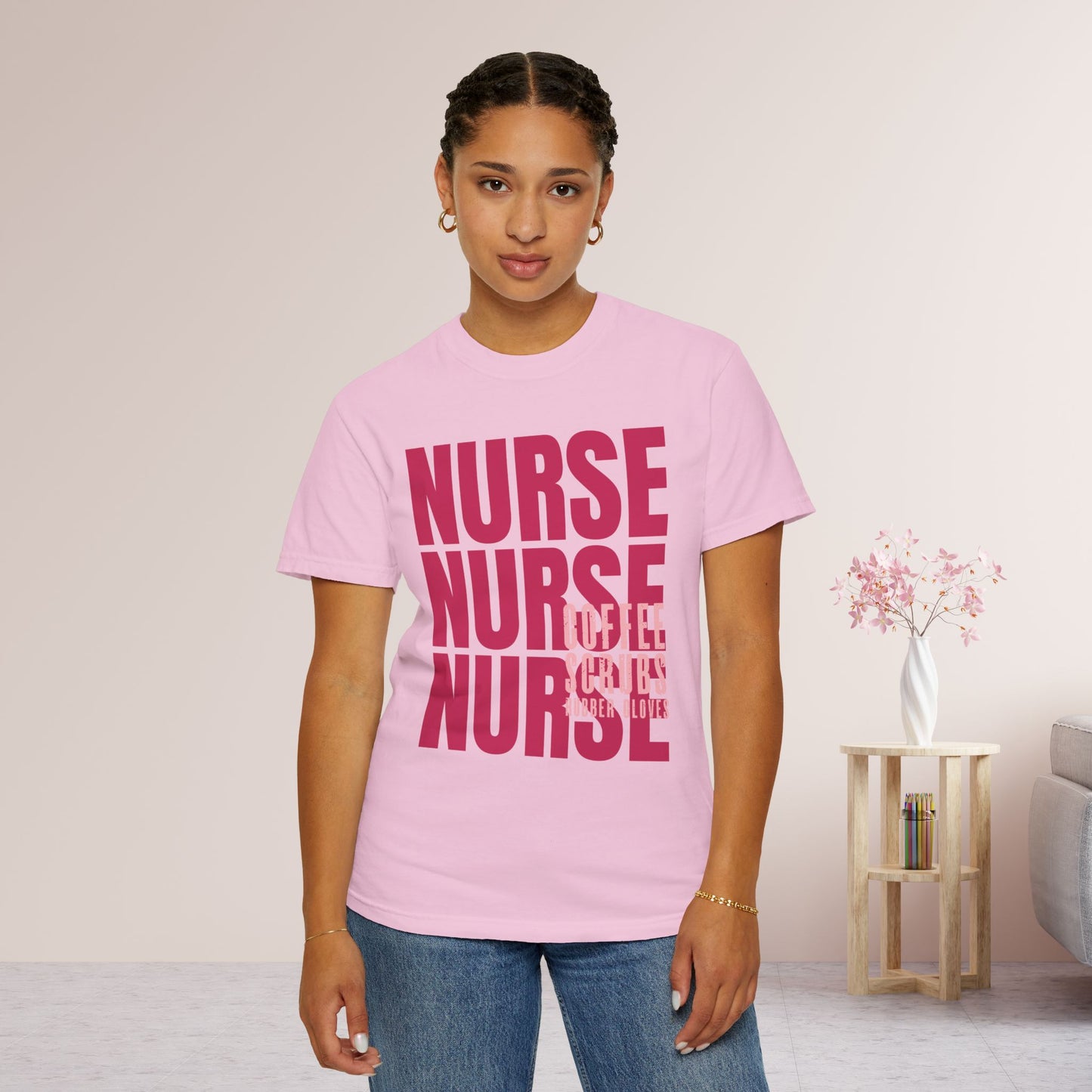 Pink Comfort Colors Nurse Shirt - Coffee Scrubs Rubber Gloves Shirt