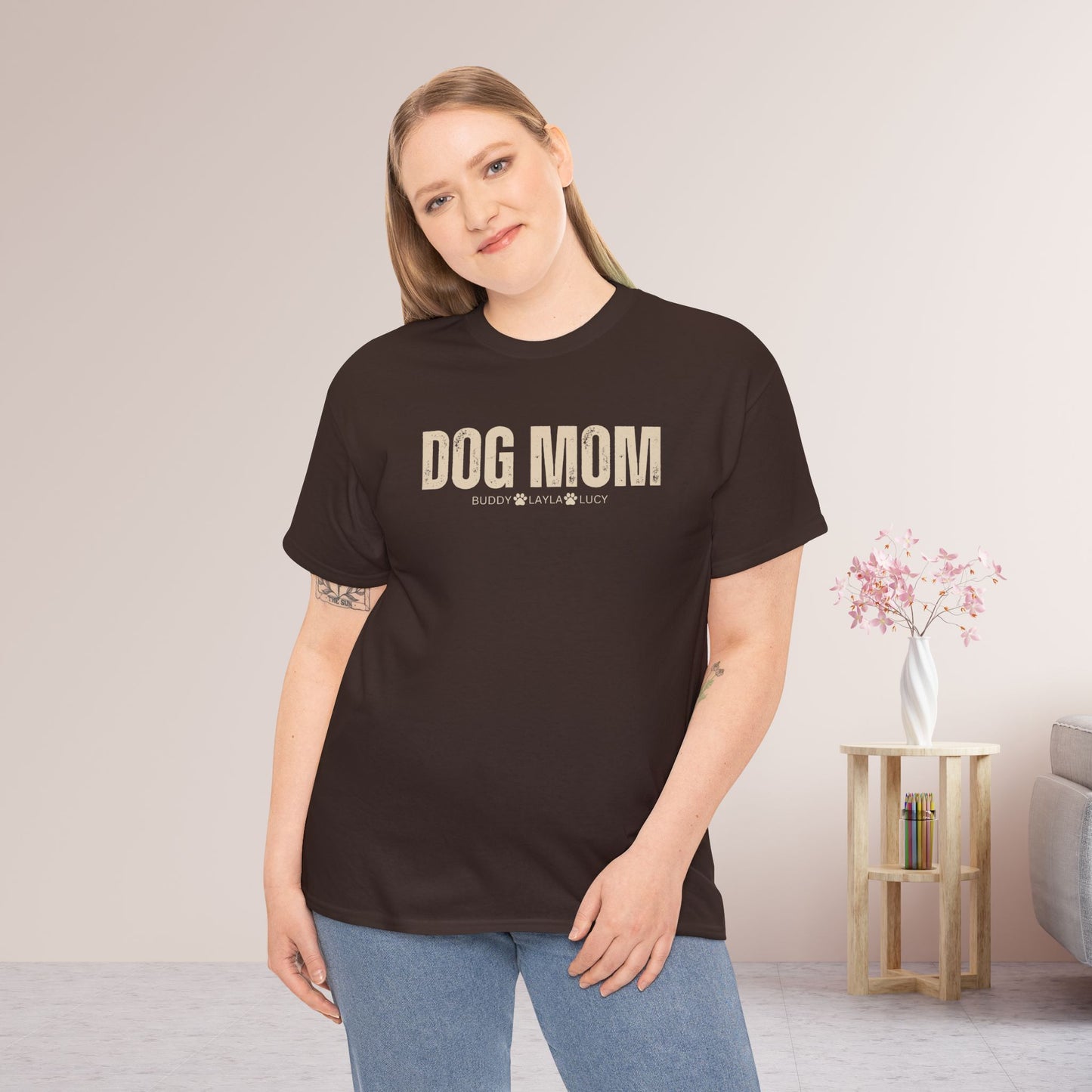 Custom Dog Mom Heavy Cotton Tee with Dogs Name - Personalized Dog Lover Gift