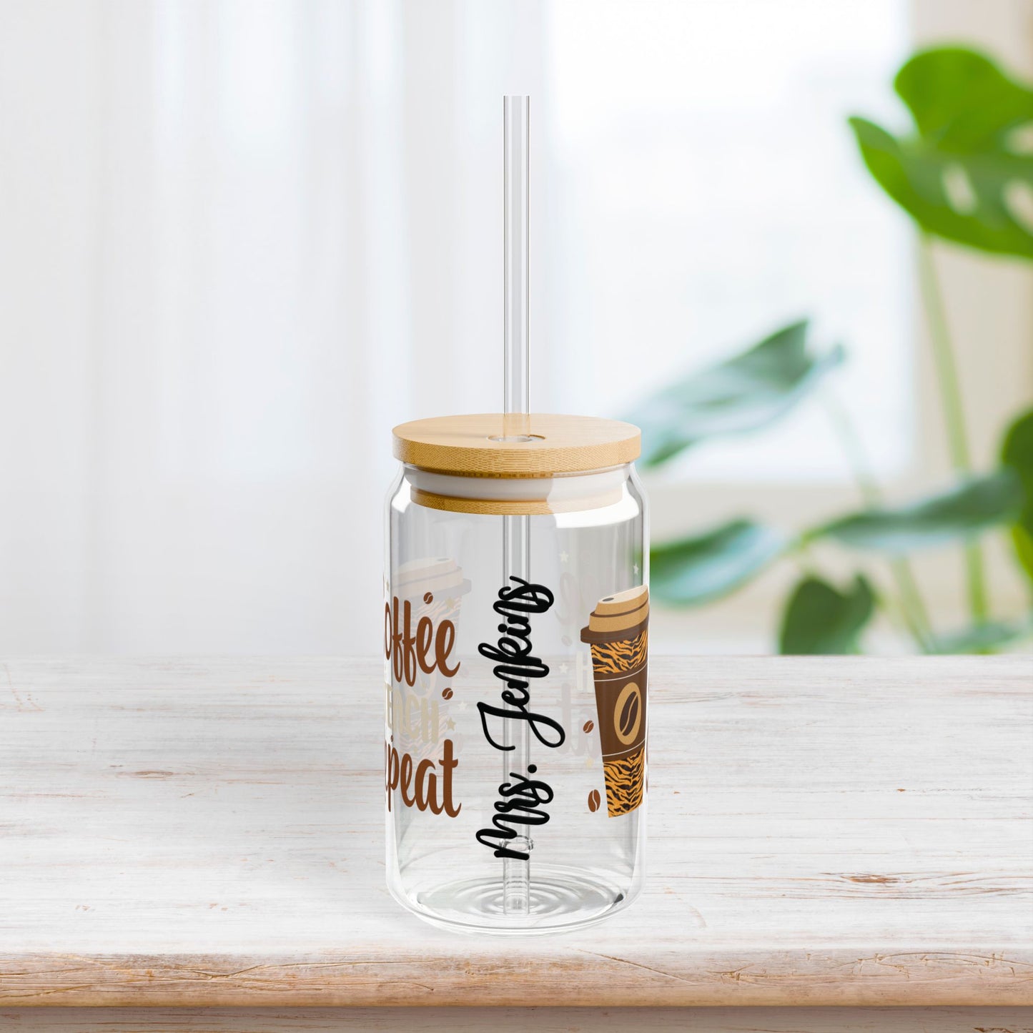 Coffee Teach Repeat Personalized Teacher Sipper Glass - Custom Teacher Gifts