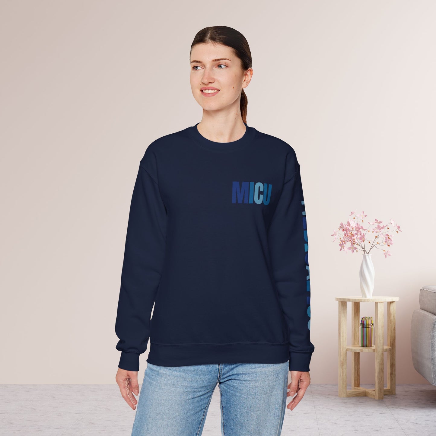 Trendy Blue MICU Sweatshirt with Sleeve Print - Medical ICU Crewneck