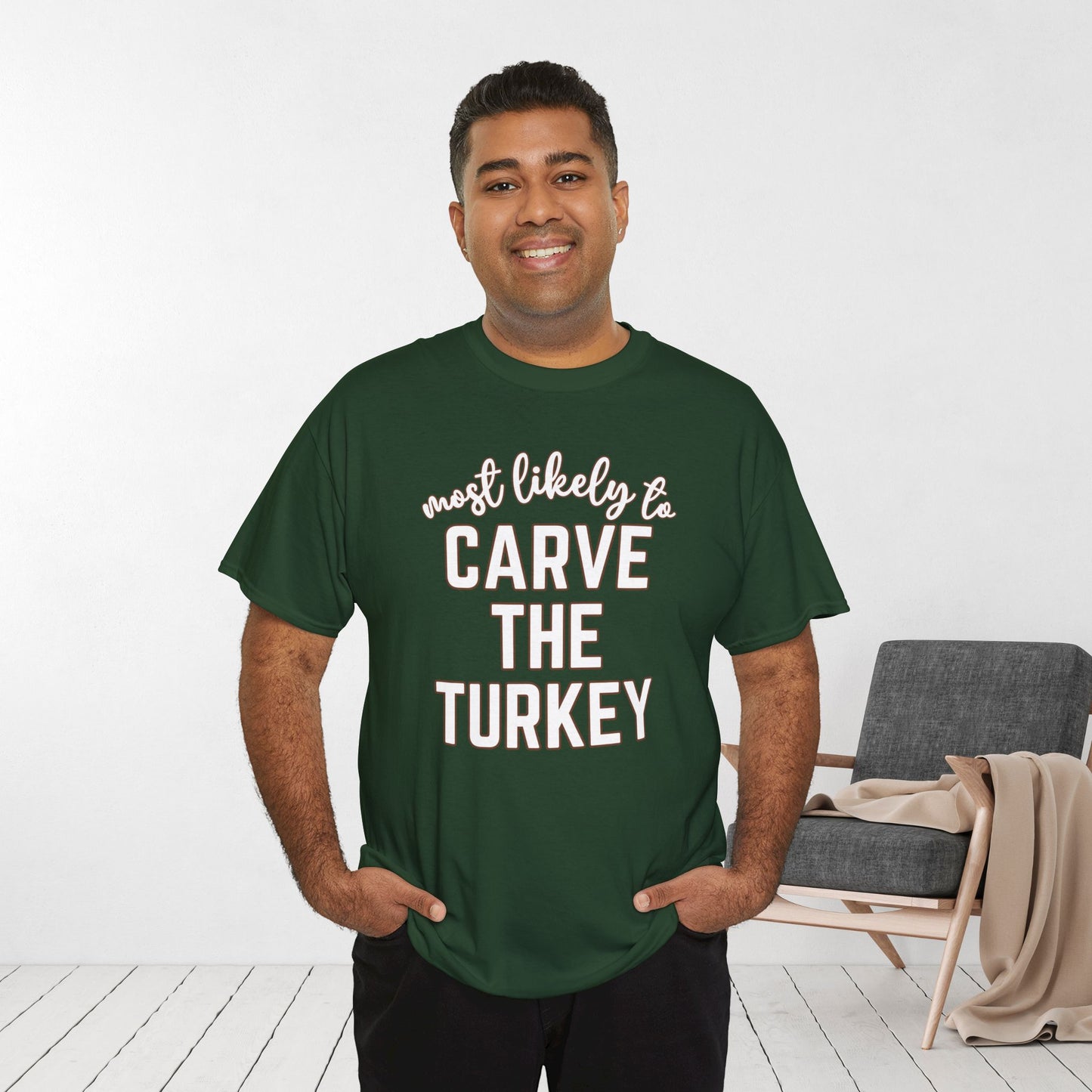 Funny Thanksgiving Shirt - Most Likely To Carve the Turkey Heavy Cotton Tee