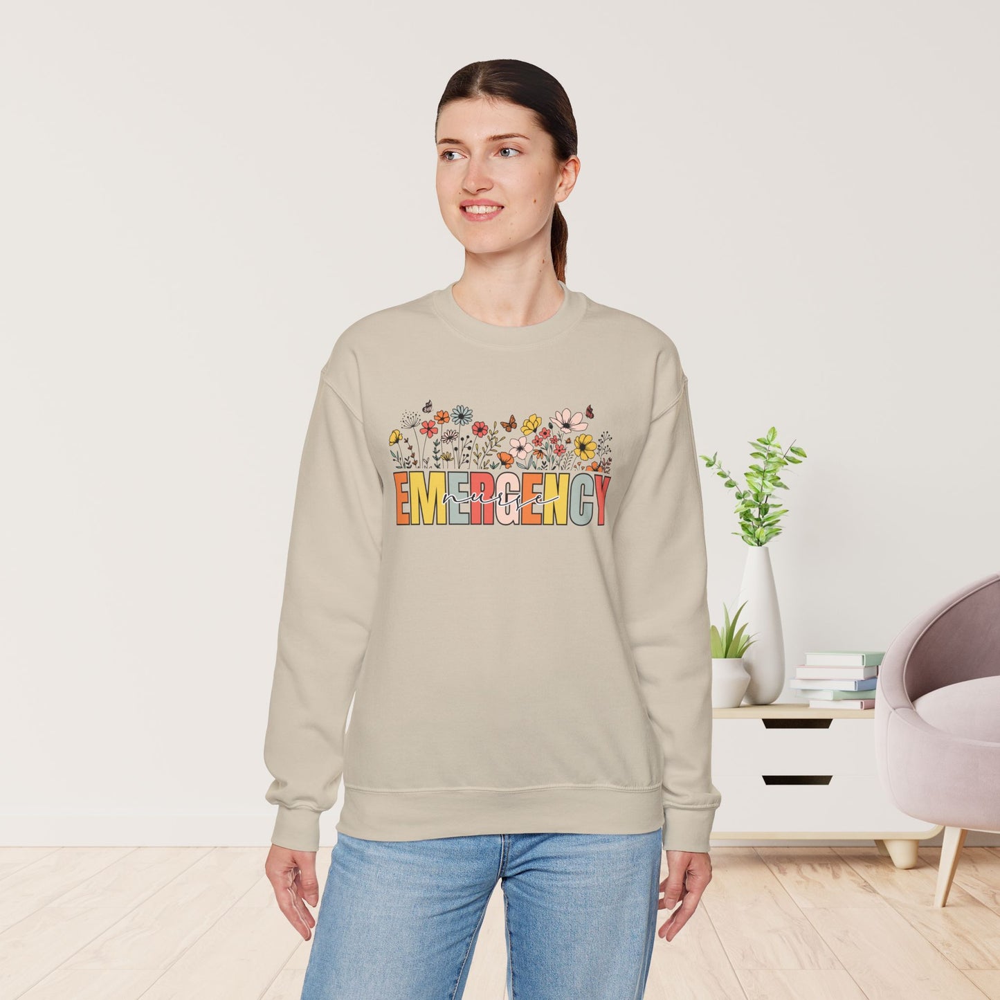 Emergency Nurse Sweatshirt with Spring Flowers for ER Nurse