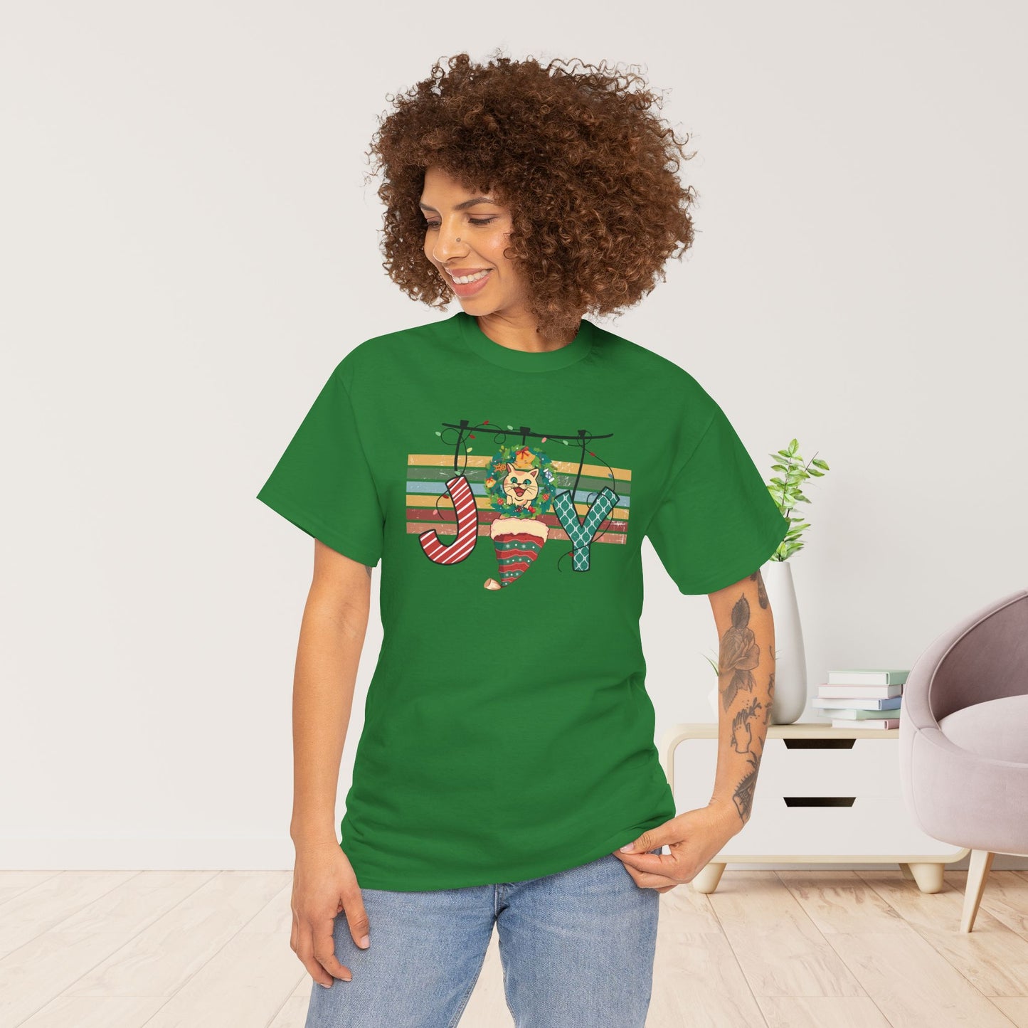 Joy Funny Cat Christmas Heavy Cotton Tee - Cat Lovers Christmas Gift