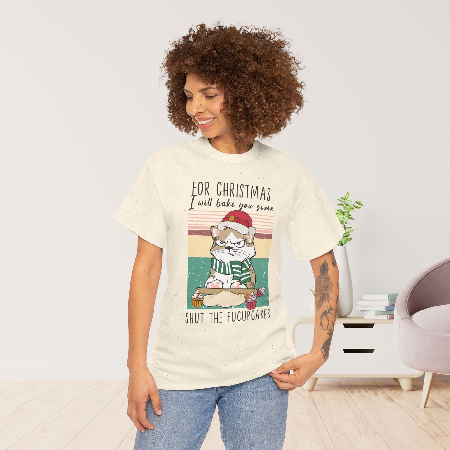 For Christmas I Will Bake You Some Shut The Fucupcakes Funny Cat Christmas Heavy Cotton Tee - Cat Lovers Christmas Gift