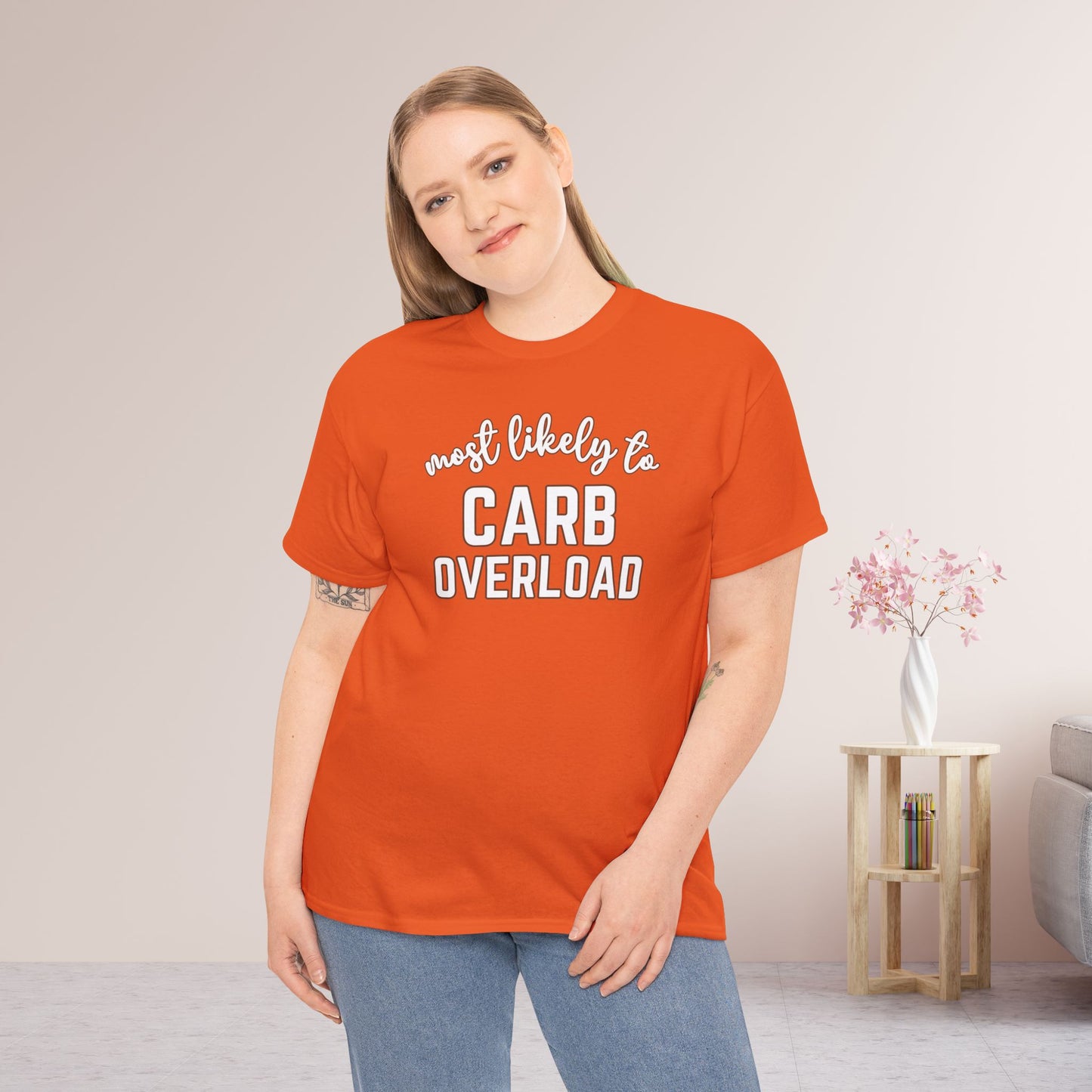 Funny Thanksgiving Shirt - Most Likely to Carb Overload Heavy Cotton Tee