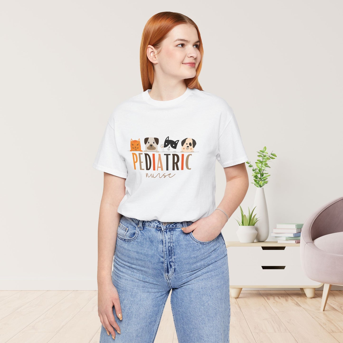 Cute Pediatric Nurse Soft Cotton Tee with Dogs and Cats for PEDS Nurse