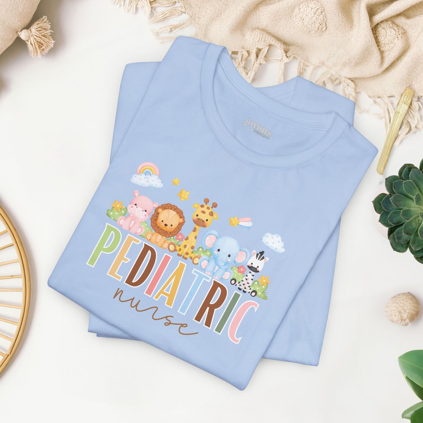 Cute Pediatric Nurse Soft Cotton Tee with Safari Animals for PEDS Nurse