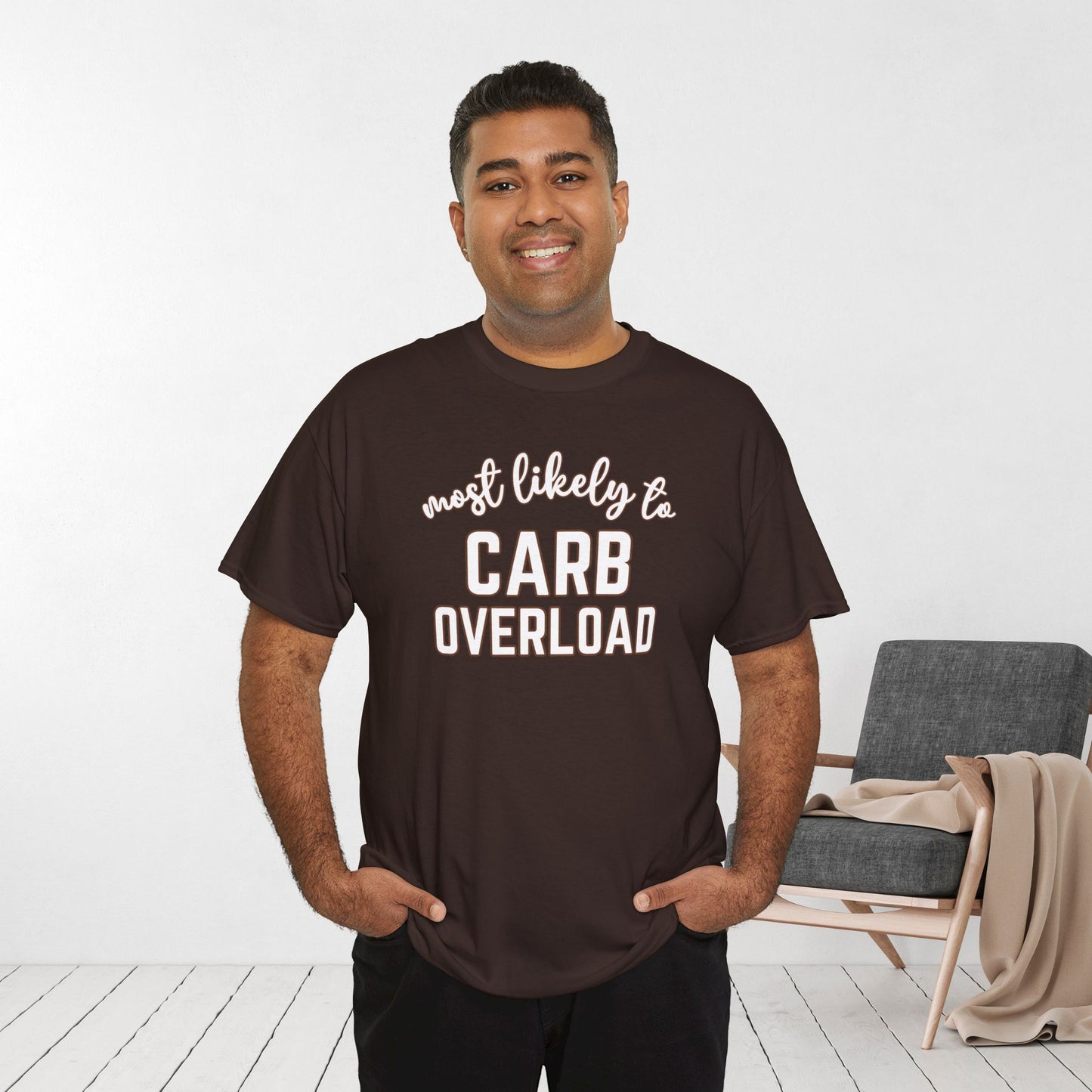 Funny Thanksgiving Shirt - Most Likely to Carb Overload Heavy Cotton Tee