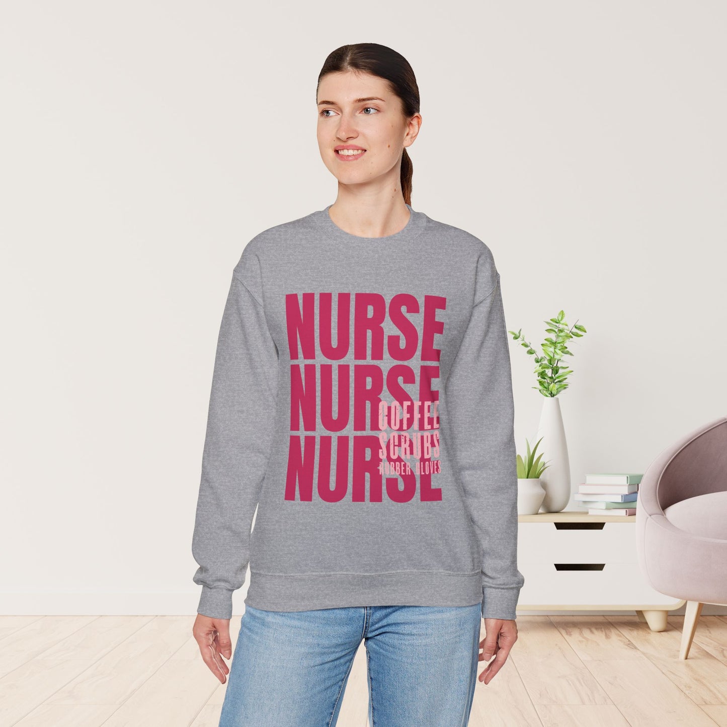 Pink Nurse Sweatshirt - Coffee Scrubs Rubber Gloves Shirt