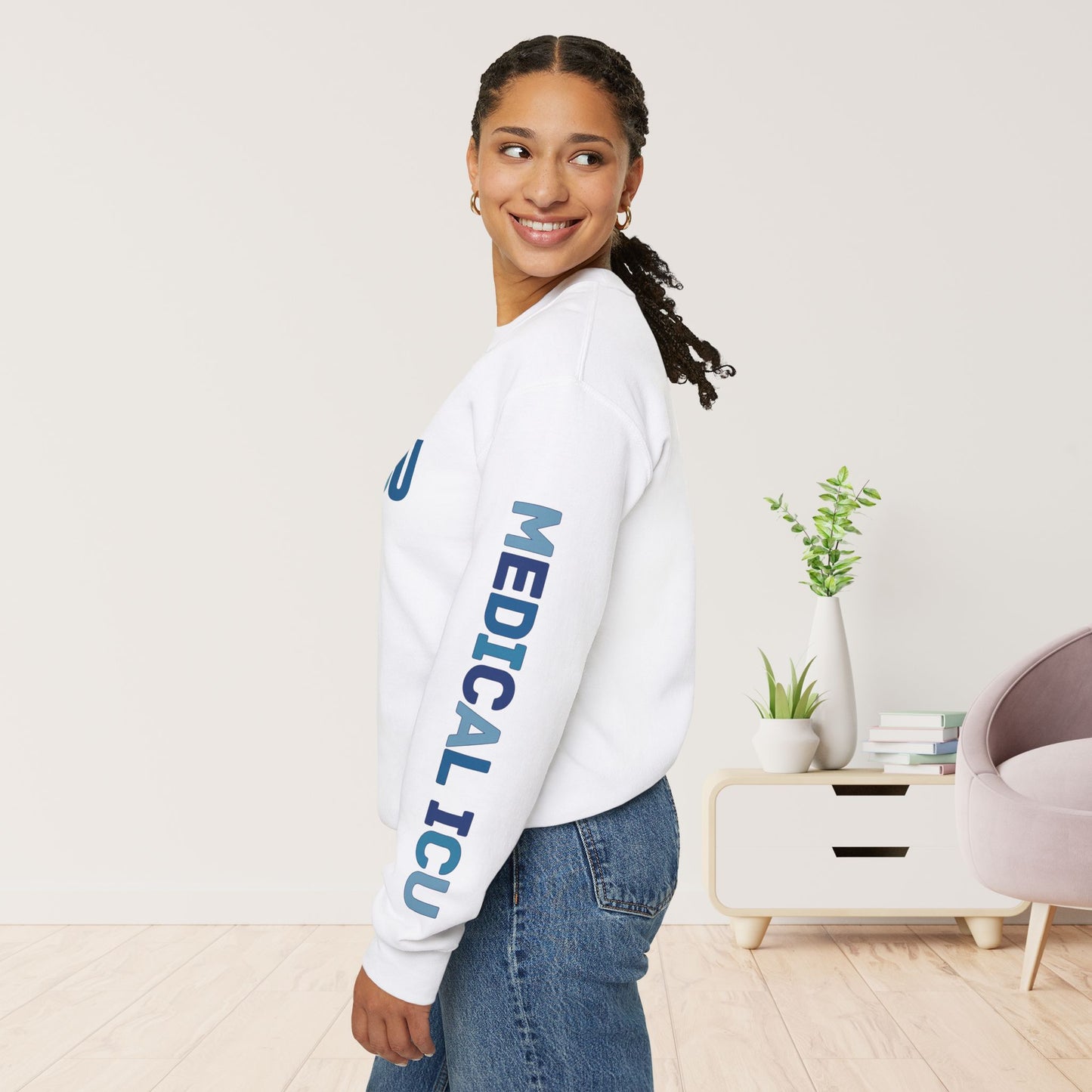 Trendy Blue MICU Sweatshirt with Sleeve Print - Medical ICU Crewneck